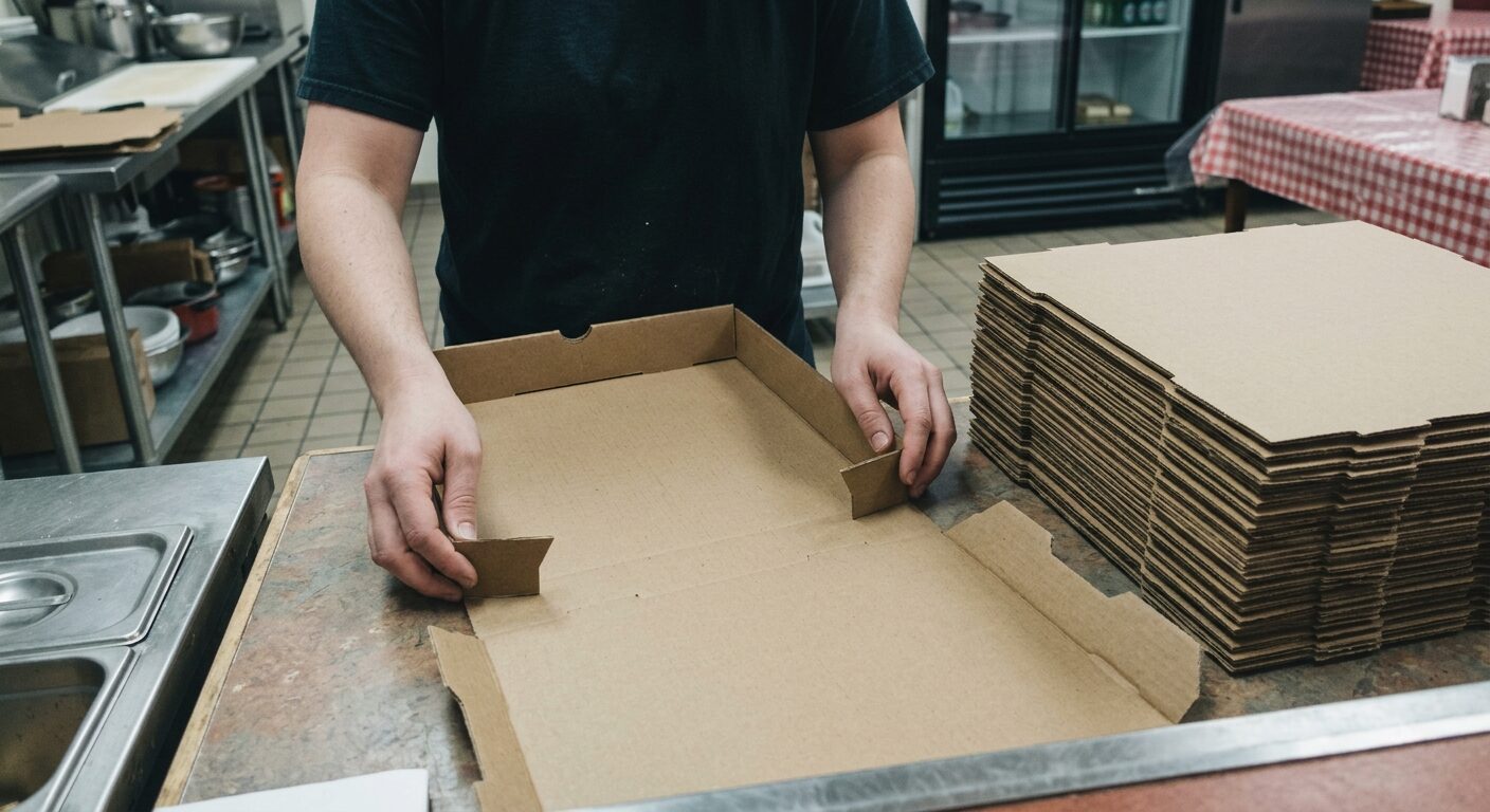 Hands folding a flat pizza takeout box.