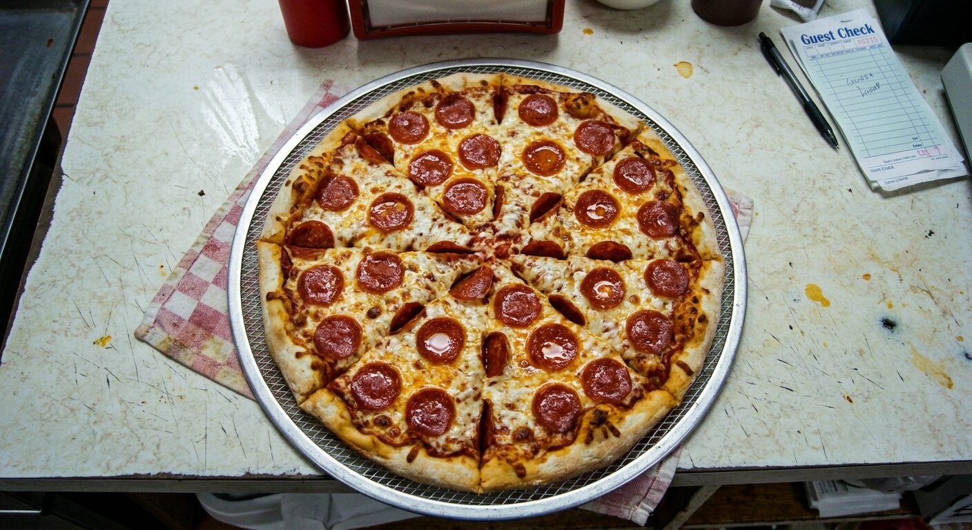 Overhead view of a full pepperoni pizza on a scratched pan next to a guest-check pad.