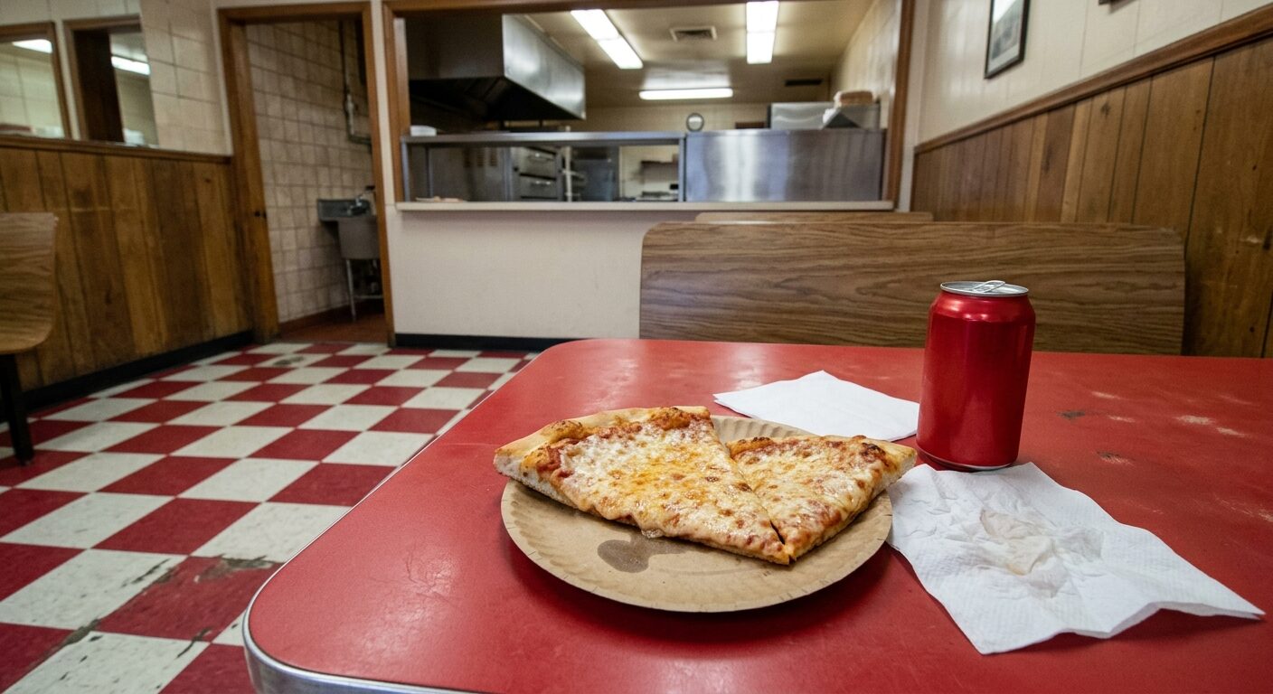 Two cheese pizza slices on a paper plate with a can of soda, checkerboard floor in the background.