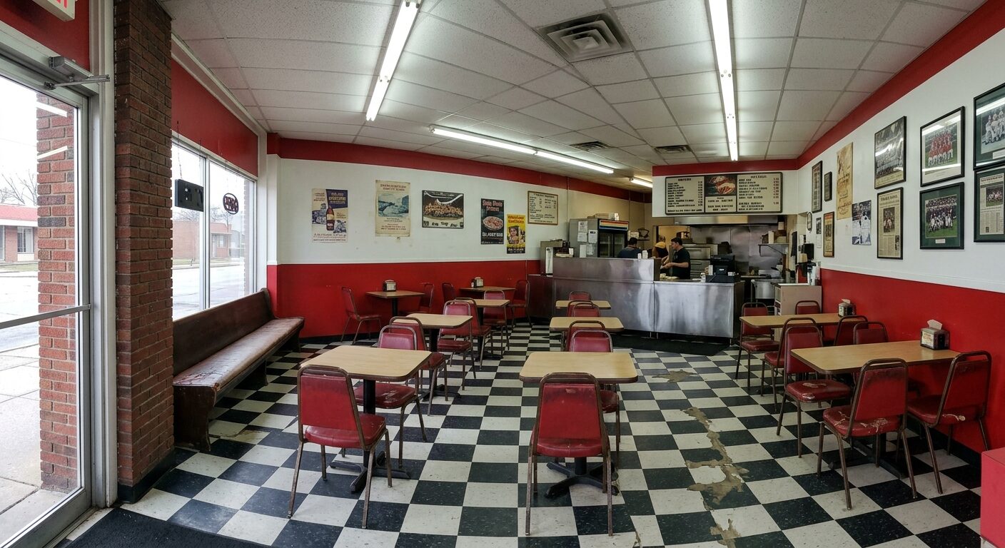 The red-and-white checkerboard dining room with community photos on the wall.