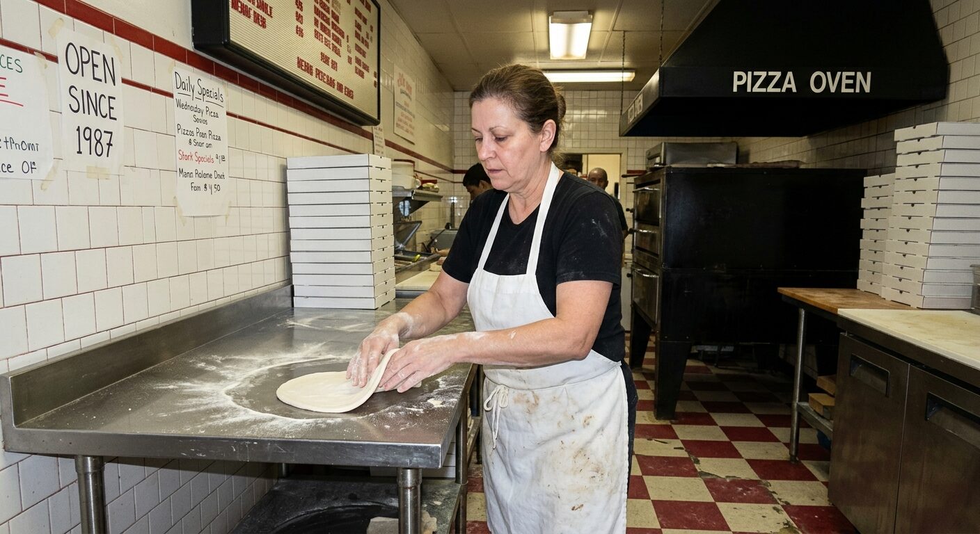 A cook stretches pizza dough at the prep table.