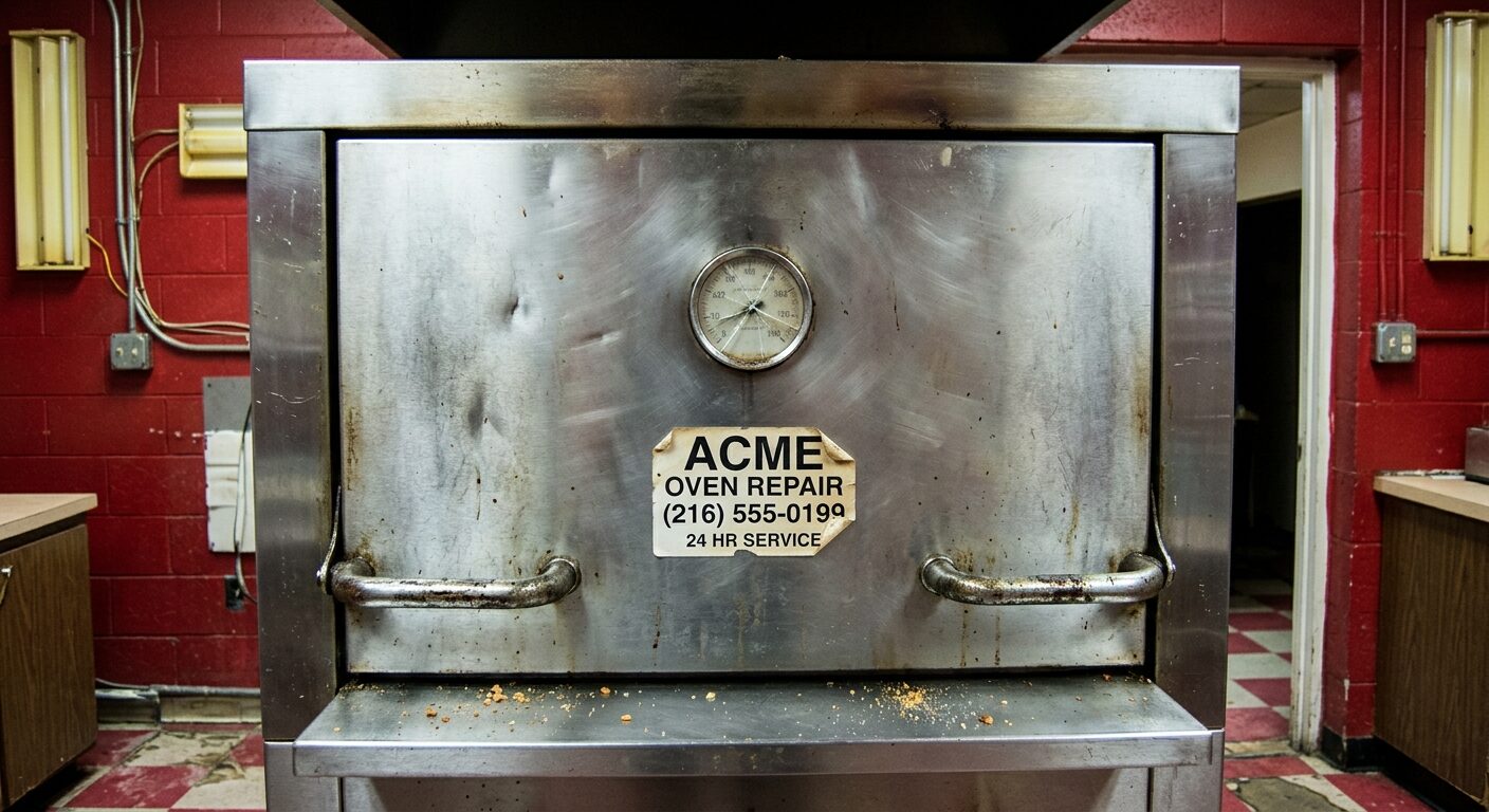 Battered stainless deck oven with a taped-on oven repair service sticker.